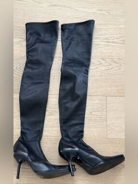 Sergio Rossi Black Leather Over-the-Knee Stiletto Boots
